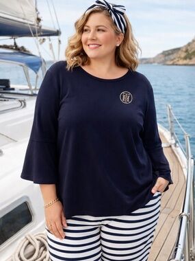 Tommy Hilfiger Women’s 3X Navy Rhinestone Logo Top | Nautical Chic Bell Sleeve